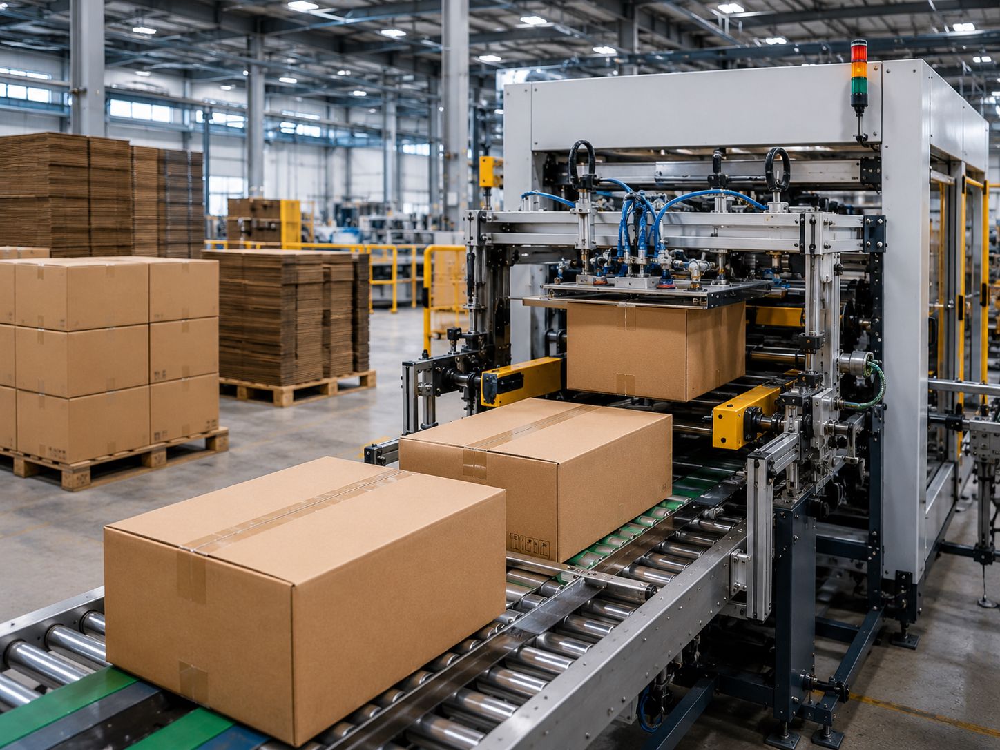 Finished corrugated boxes on the production line