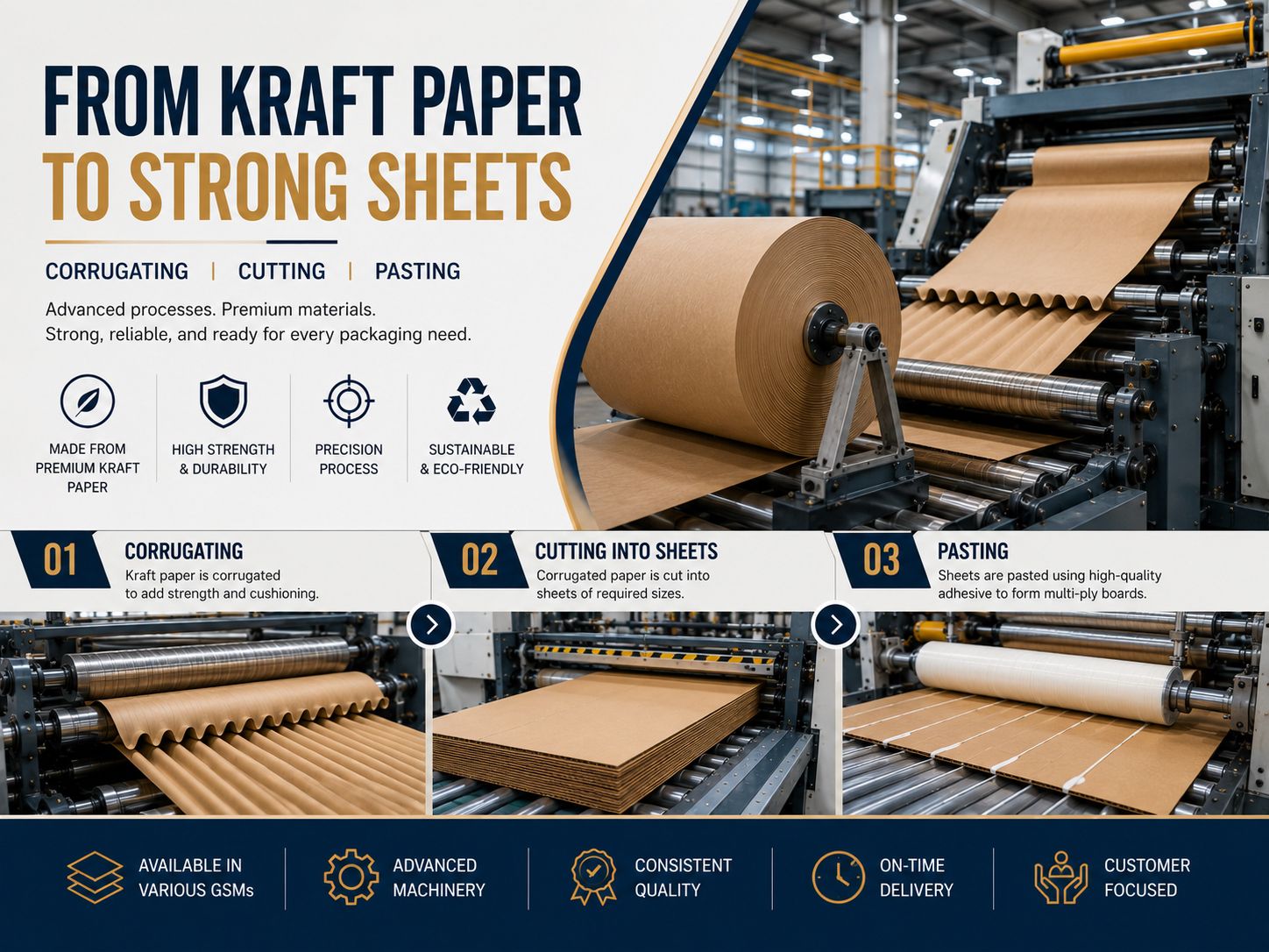 From kraft paper to strong sheets — corrugating, cutting, pasting